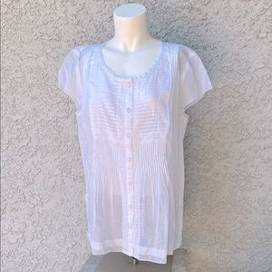 Talbots White Short Sleeve Blouse Sheer Pleated Dainty Feminine Girly Cute Top